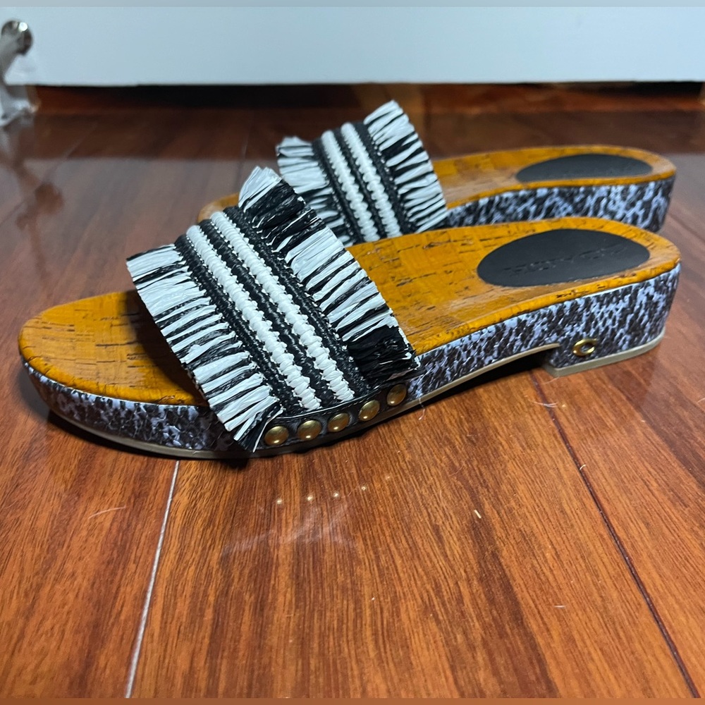 New COACH Blue and White Fringe Raffia Slide Sandals Size 7
